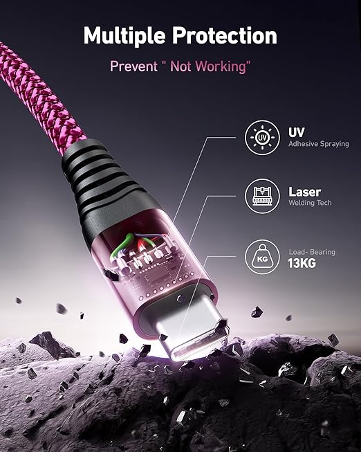 USB C to USB C Cable 60W [2Pack 3FT], USB C Fast Charging Cable for Car Durable Braided iPhone USB Type C Cable USBC to USBC Cord for iPhone 17/16/15/Pro Max/Plus, Samsung Galaxy S23 and More-Rose Red