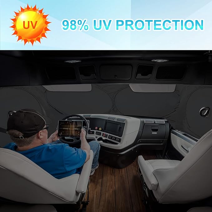 Semi-Truck Sun Shade for Windshield and Side Window | Sunshade Maximum Coverage Windshields for Truck - Block UV Sun Heat Rays - Best for Semi, Commercial & Big Rig Truck, RV（Side Windows Suction Cup）