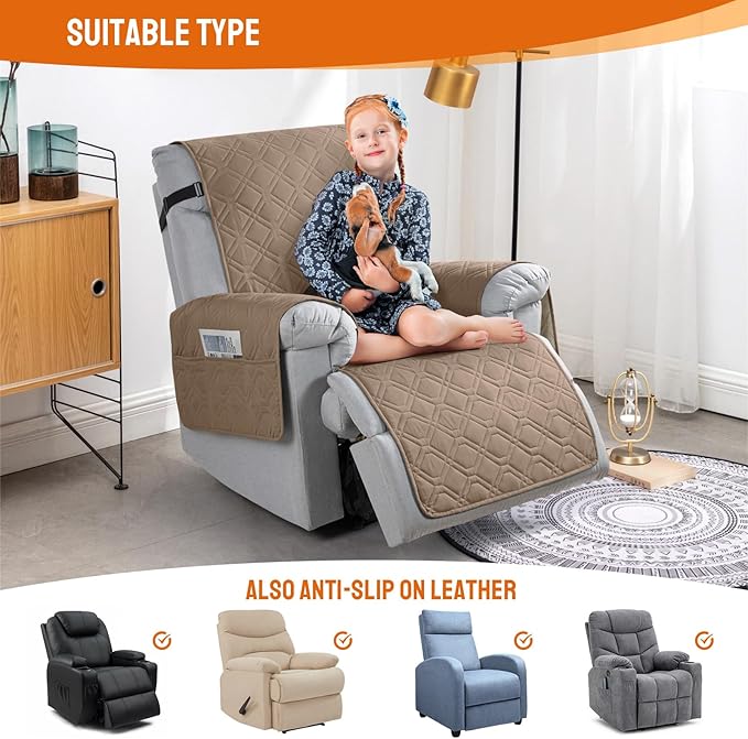 VANSOFY 100% Waterproof Recliner Chair Covers, Recliner Cover Non-Slip Dog Chair Cover Furniture Protector Washable Slipcover with Pocket, Elastic Straps for Pets, Dogs(Light Brown, 25")