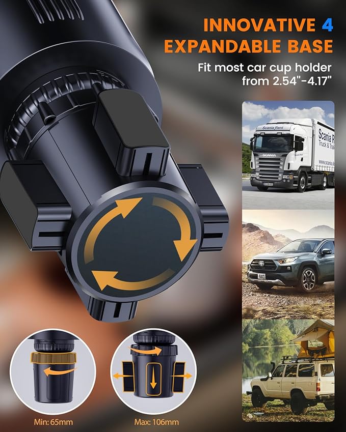 Cup Phone Holder for Car with Expandable Base, Upgraded 2 in 1 Hands Free Cellphone Holder Cupholder Car Mount, Stable Retractable Long Arm Universal Fit iphone and Large Bottle, for Truck SUV