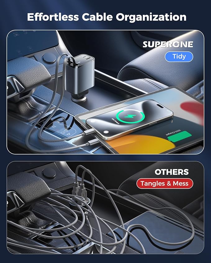 Ultra-Compact SUPERONE Retractable Car Charger with Dual Type C Cords, 69W Fast Retractable USB C Car Charger, 4 in 1 Car Accessories Car Chargers for iPhone 17 16 15 14 13 12 Galaxy Pixel