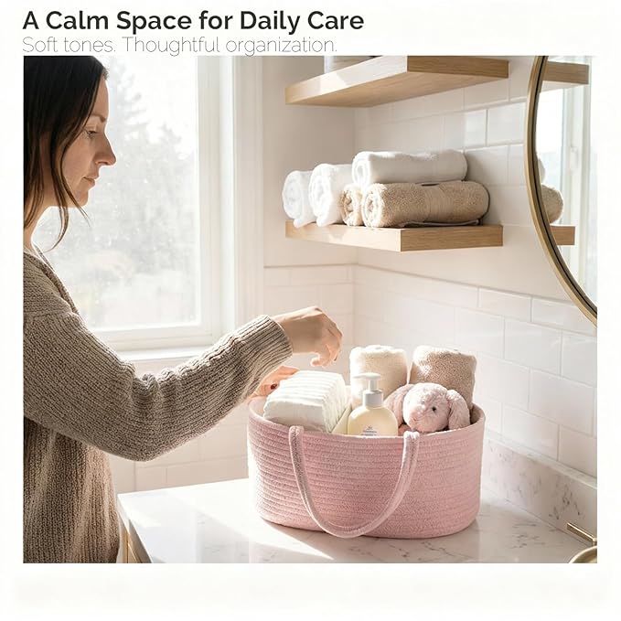 luxury little Diaper Caddy Organizer, Large Cotton Rope Nursery Baby Basket, Changing Table Organizer for Baby Diaper Storage, Portable Car Organizer Removable Divider (Light Pink, Large)