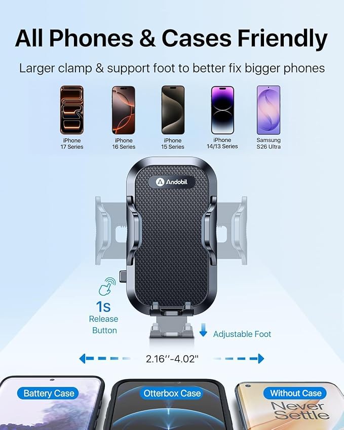 andobil Military-Grade Cup Phone Holder for Car/Truck, [2026 Enhanced] 13" 360° Adjustable Gooseneck w/Anti-Shake Car Mount, Universal Car Phone Holder for iPhone/Samsung/Pixel All 4.0-7.0" Devices