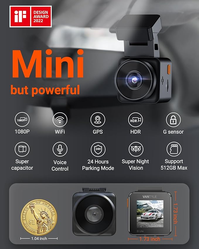 Vantrue E1 Lite 1080P Dash Cam, Mini Car Camera with Night Vision, 60fps Dash Cam with GPS and Speed, Wi-Fi APP Control, Loop Recording, Voice Control, 24H Parking Mode, Support 512GB