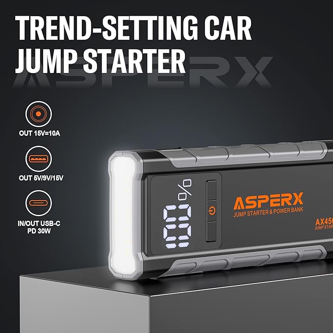 AsperX AX4500 Jump Starter, 4500A Peak Car Jump Starter for Up to All Gas and 10.0L Diesel Engines, 12V Battery Starter with 4 Inch LCD Display, Lithium Battery Booster with Built-in LED Light