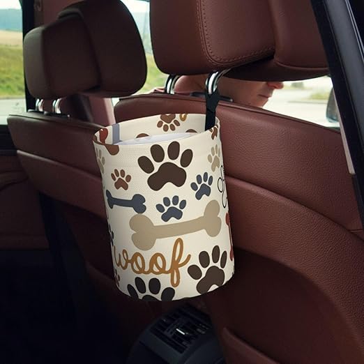 Dog Paw Prints Bones Car Trash Can Leak Proof Hanging Waterproof Garbage Can Multipurpose Trash Bin for Car SUV Front Seat Headrest Collapsible and Portable Storage Pocket