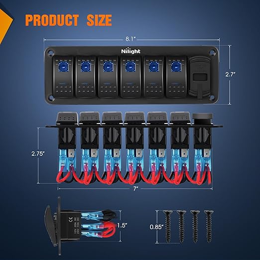 Nilight 6 Gang Rocker Switch Panel with PD Type C and USB Charger Voltmeter 12V SPST ON Off w/Blue Backlit Waterproof Aluminum Toggle Switches for Boats Cars RVs Trucks
