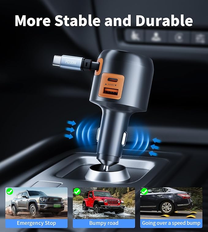 XXZU 60W 3 in 1 Retractable Car Charger, USB C & USB A 3-Port Cigarette Lighter Adapter,Fast Charging Charger Compatible with iPhone 17/16/15/14/13/12/11,iPad,Galaxy,Pixel,Android