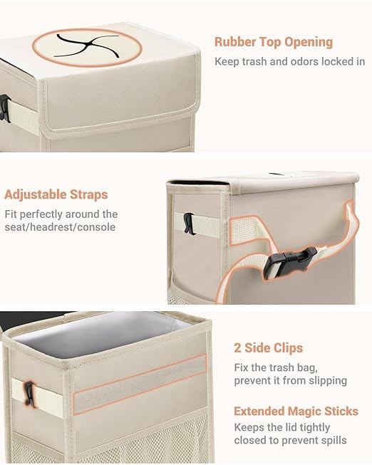Capolo Car Trash Can with Lid, Leakproof Car Trash Bag Hanging Waterproof Automotive Garbage Can with Storage Pockets Mini Vehicle Trash Bin for Back/Front Seat(Beige,2.5 Gallon)