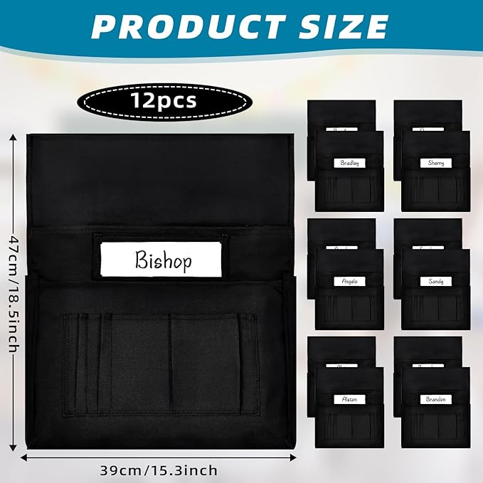 12 Pcs Classroom Chair Pockets, 18.5 x 15.3 inch Black Chair Pockets For Classroom, Seat Sacks for Classroom Chairs, Buddy Pocket, Chart Seat Back Organizer with Name Tag