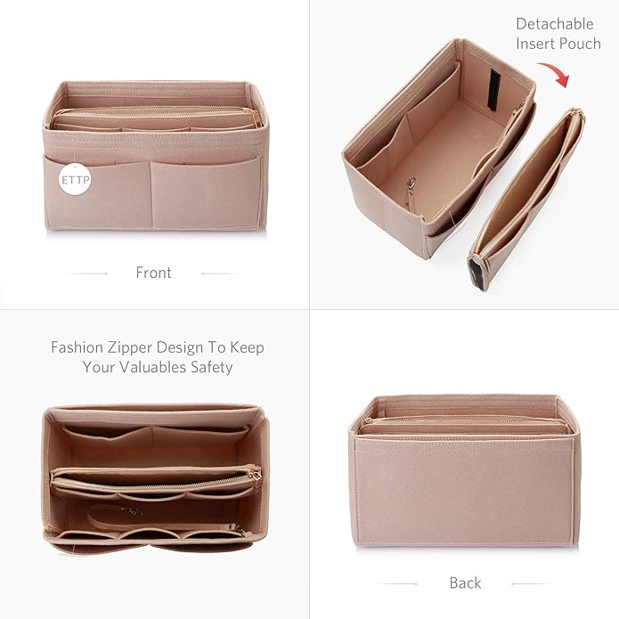 Purse Organizer Insert, Felt Tote Organizer Insert With Metal Zipper, Handbag Organizer For Speedy, Neverfull, Tote, Handbag, 7 Colors 5 Sizes