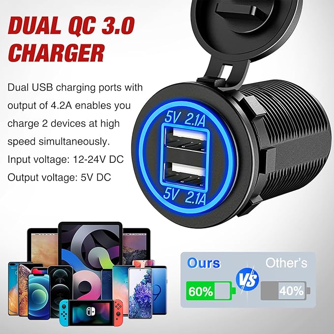 Nilight 4 in 1 Outlet Socket Panel 12V DC 4.8A Dual USB 12 Volt Cigarette Lighter LED Voltmeter ON Off Rocker Toggle Switch for Marine Boat Truck Car