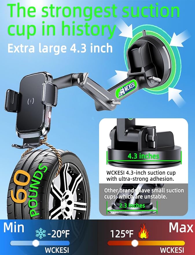 Truck Phone Holder Wireless Car Charger Mount, 15W Fast Charging Vacuum Phone Holders 14 inch Long Arm Heavy Duty Pickup Windshield and Dashboard, Trucks Accessories for iPhone Samsung LG