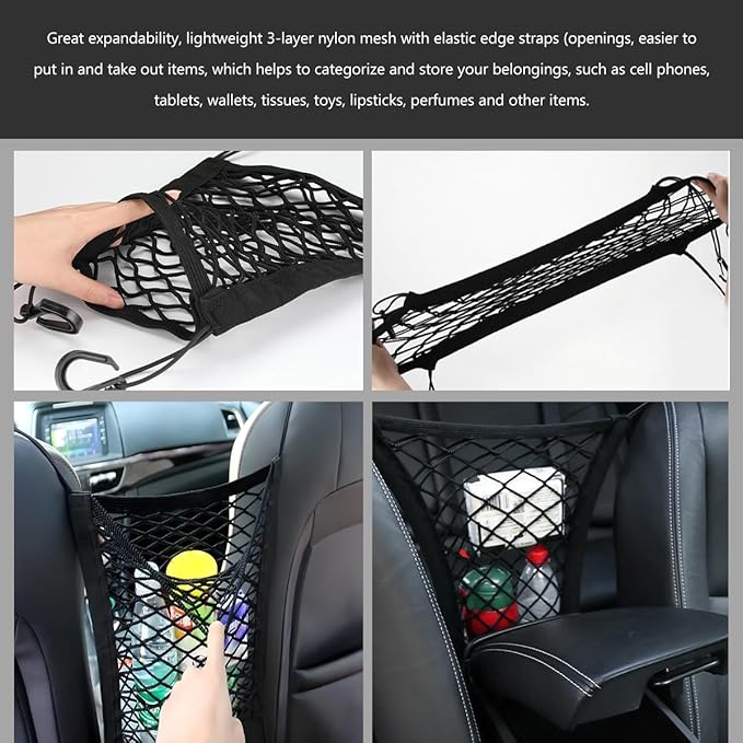 2-Layer Car Mesh Organizer, Seat Back Net Bag Stretchable Barrier of Backseat Pet Kids, Four-Side Elastic Storage Netting Pouch Cargo Tissue Purse Holder Between Front Seats