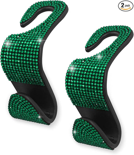 OSIFIT 2PCS Car Seat Hooks, Bling Car Rhinestone Headrest Hooks, Universal Bling Car Interior Accessories, for Handbag, Clothes, Purse, Water Bottle (Green)