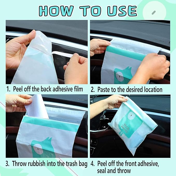 92pcs Car Trash Bags Easy Stick-On Disposable Portable Car Garbage Bags, Waterproof Leak Proof Barf Vomit Bags, Self Adhesive Cleaning Bags for Cars, Bedrooms, Bathrooms, Offices, Kitchens - Pattern A