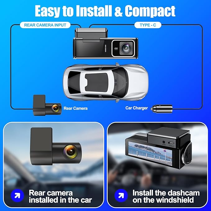 Dash Cam Front and Rear,4K+1080P Dual Channel Car Camera with Night Vision,Mini Dash Cam with 3.59" IPS Screen,5.8GHz WiFi,GPS,24H Parking Mode,G-Sensor,Loop Recording,U3 High Speed 64GB Card Included