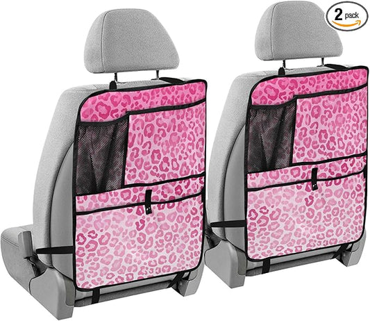 2 Pack Back Seat Car Organizer with Storage Pockets Kick Mats Back Seat Protector Hanging Car Organizer Automotive Seat Back Cover Organizers Gradient Pink Leopard Print