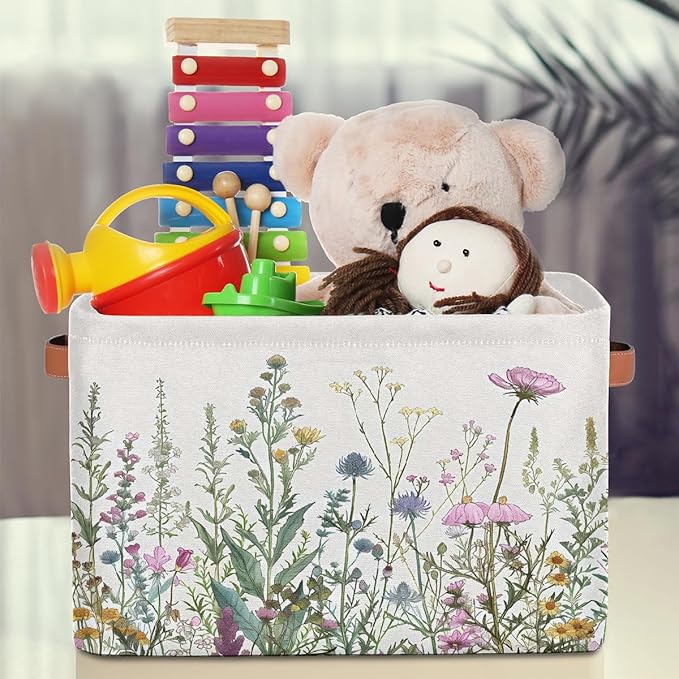 Wildflowers Plants Storage Baskets for Organizing, Fabric Collapsible Storage Bins Box Spring Esthetical Decorative Toy Organizer Baskets for Closet Shelves Gift Basket 2Pcs