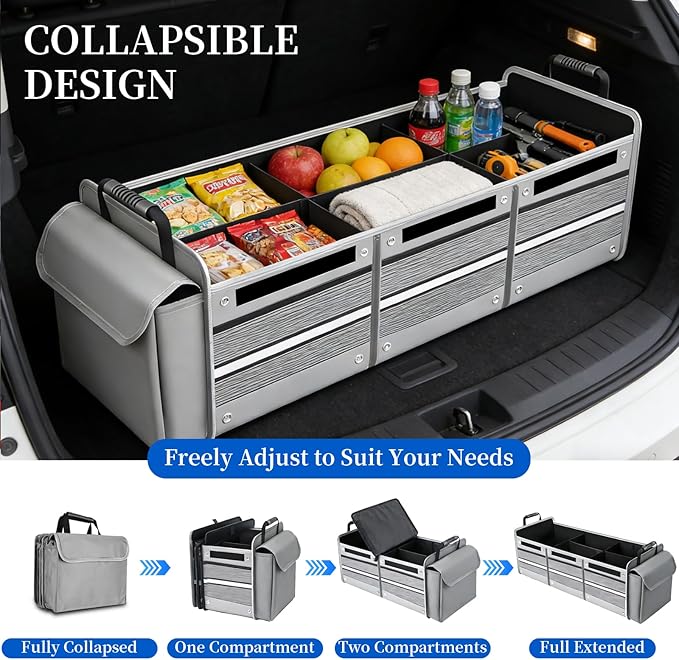 Collapsible Trunk Organizer for Car with Insulated Leakproof Cooler Bag, 3 Compartments SUV Cargo Organizer w/Removable Dividers, 5-in-1 Storage w/Foldable Lid & 2 Tie-Down Straps (Grey)
