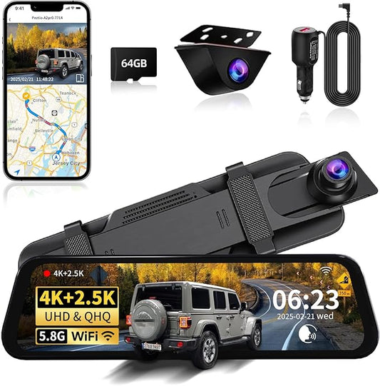 Mirror Dual Dash Camera with Voice Control,4K+2.5K Rear View Mirror Camera with 5.8GHz WiFi and APP Control, WDR Night Vision, Loop Recording, G-Sensor, Parking Monitor 64GB Card Included