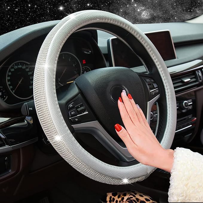 New Diamond Leather Steering Wheel Cover with Bling Bling Crystal Rhinestones, Universal Fit 15 Inch Car Wheel Protector for Women Girls Silver