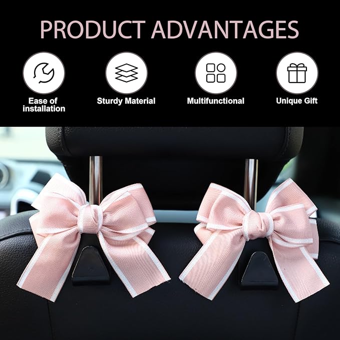 2PCS Car Seat Headrest Hooks, Car Purse Hooks, Cute Bow Shaped Auto Rear Seat Storage Hook Hanger for Purses and Bags, Auto Interior Decoration Accessory for SUV Sedan Truck (Pink)