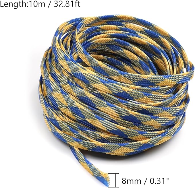 Aicosineg 32.81ft PET Flexible Braided Cable Sleeve 0.33inch Width Wire Loom Sleeving and Organizer Flexible Wire Mesh Sleeve Wrap Protector for TV Audio PC Cords from Pets Chewing Blue and Yellow