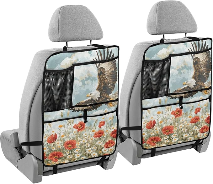 Blue Eagle Poppy and Daisy Flowers 2 Pack Backseat Car Organizer with Storage Pockets Seat Back Organizers for Kids Kick Mats Backseat Protector Automotive