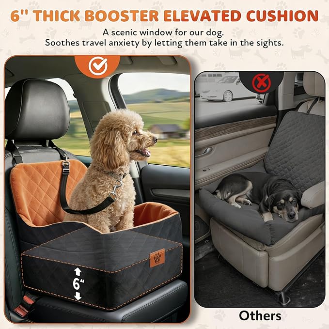 Dog Car Seat for Small Medium Dogs, 6" Booster Pet Cars Seats, Pet Car Seat Travel Bed with Storage Pockets and Dog Safety Belt, Detachable Washable Cover, Fits Dogs up to 35lbs (Black Orange)