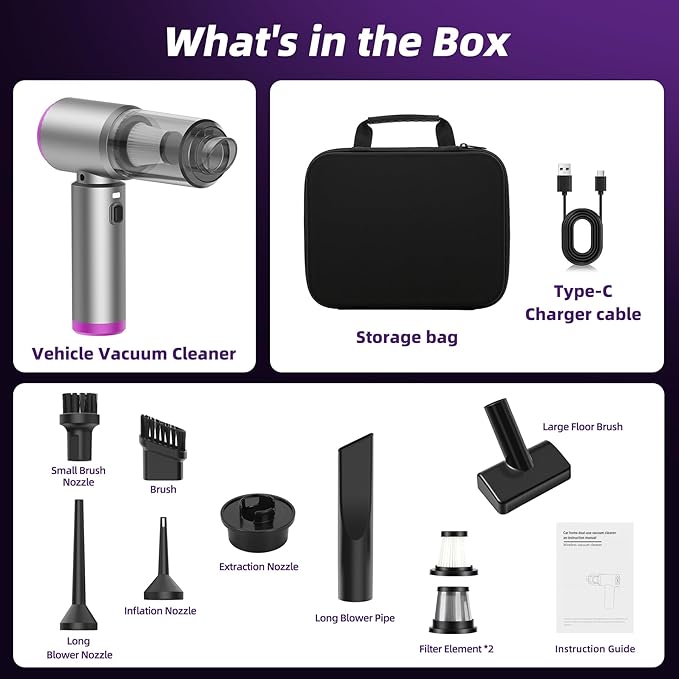 Mini Vacuum Cleaner, 2 in 1 25000PA Brushless Car Vacuum &250000RPM Air Duster 9000mAh Battery Air Blower Wireless Handheld Vacuum for Car,Office and Home