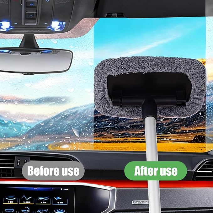 Car Windshield Cleaning Tool, Vehicle Window Cleaner with 3 Reusable Pads & Extendable Handle, Automotive Glass Wiper Wash Kit for Interior Exterior, Universal for Vehicles (Rectangular)