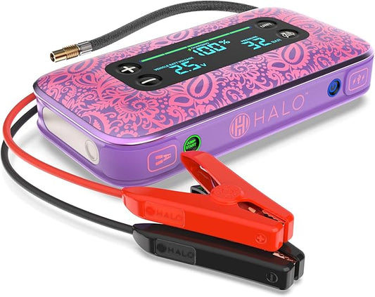 HALO Bolt Air+ 1750 Portable Car Battery Jump Starter | 130 PSI Air Compressor, 59.9Wh USB Power Bank, Large Display, Emergency Floodlight & Charger, Jumps Cars SUVs & Trucks, Inflates Tires — Purple