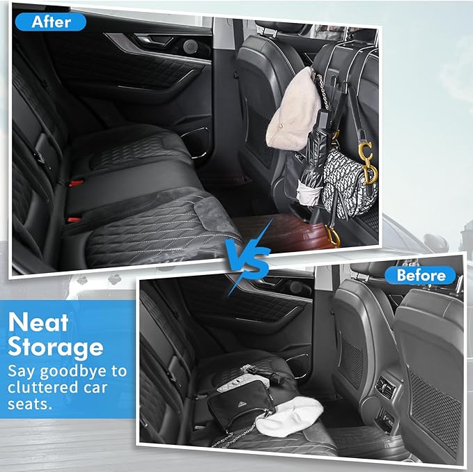 Car Hooks for Headrest, Leather Car Seat Back Storage Organizer Interior Accessories, More Wide & Deep Auto Seat Hook Hangers for Purse Umbrellas Handbag Clothes Coats Grocery Bags (Black-2 Pack)