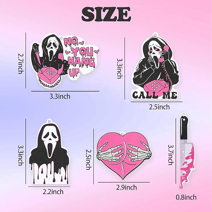 5Pcs Ghost Horror Car Air Fresheners Pink Cute Car Interior Accessories Hanging Scents Anime Freshener Automotive Room Decor for Women Teen Girls Gift