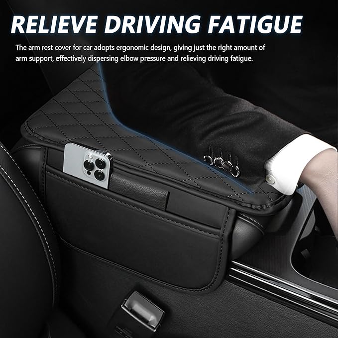 Stacool Upgraded Car Center Console Cover,Microfiber Leather Car Armrest Cover Cushion with 2 Storage Bags,Universal Car Armrest Storage Box (Black)