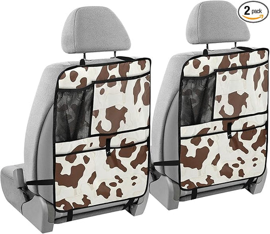 Brown Cow Print 2 Pack Backseat Car Organizer with Storage Pockets Seat Back Organizers for Kids Kick Mats Backseat Protector Automotive
