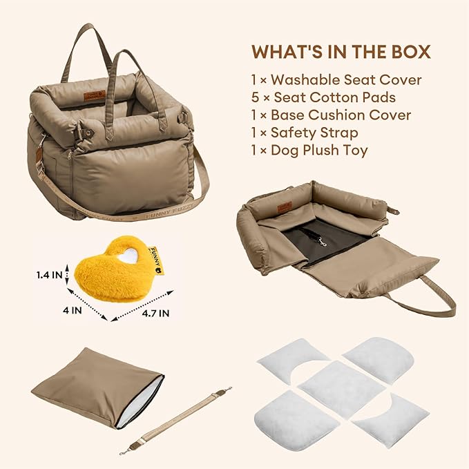 FUNNYFUZZY Leather Dog Car Seat for Small ＆ Medium Sized Dogs Up to 35lbs, Waterproof and Washable Dog Booster Seat Car Bed for Travel and Home,Portable and Safety(Beige)
