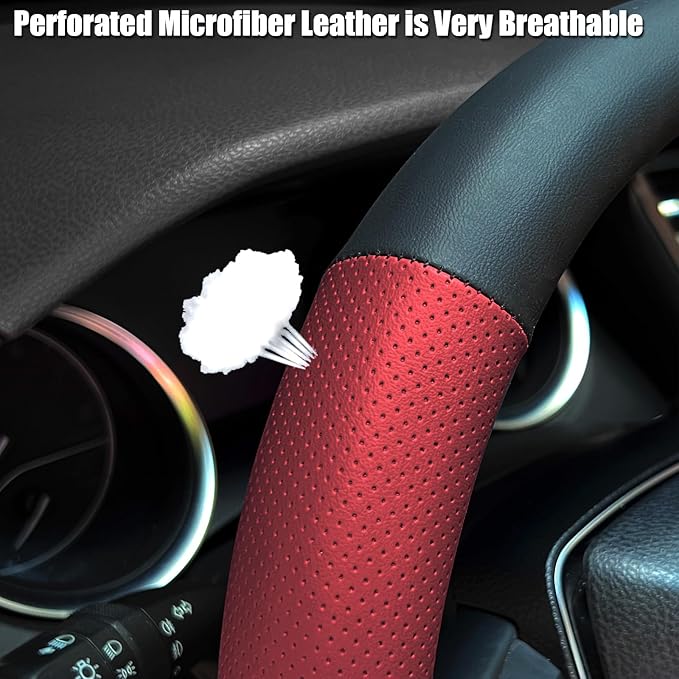 Steering Wheel Cover Standard Size 14.5-15 inch, Non-Slip Car Wheel Cover Protector, Breathable Microfiber Leather, Black and Red