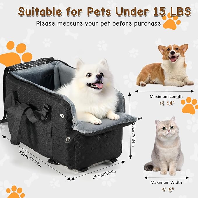 Center Console Dog Car Seat for Small Dogs,Washable Foldable Console Booster Seat for Puppy Car Seat with Safe Protection Hooks Adjustable Straps and Storage Pocket Pet
