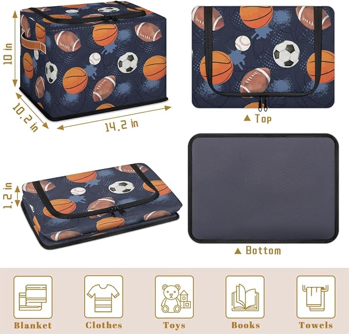 Large Toy Box Collapsible Storage Bins with Lids Closet Storage Baskets for Organizing Shelves Nursery Toy Storage Organizer Boxes for Kids, Boys, Girls (Navy Blue Sport Basketball Soccer)
