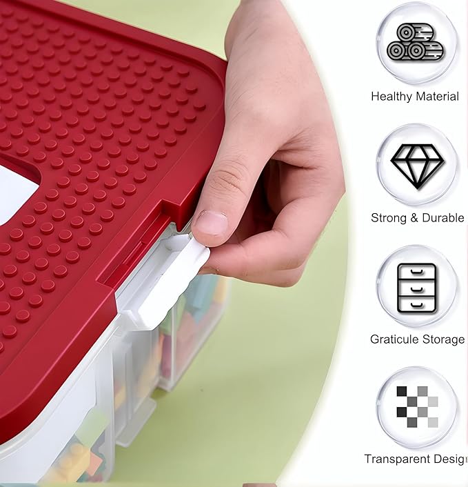 Toys Organizer Storage Case for Lego Box Kids Toy Stackable Building Blocks with Lids Bins Adjustable Lego Storage Containers Plastic Toy Box Red 2 Layers