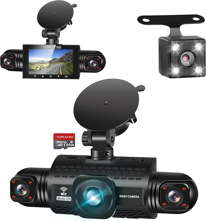 4 Channel Dash Cam 360° View, TOPGOOSE 2K Front and Rear Inside, Left Right Dash Camera for Cars, 8 IR Lamps Night Vision, 5G WiFi & APP Control, G-Sensor, Parking Mode, with a Free 64GB SD Card