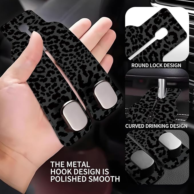 Car Seat Back Storage Headrest Hook, Premium Leather Double Metal Hook, Hanger Storage Organizer for Purse Cloth Bag, Car Interior Accessories Luxury Black Leopard