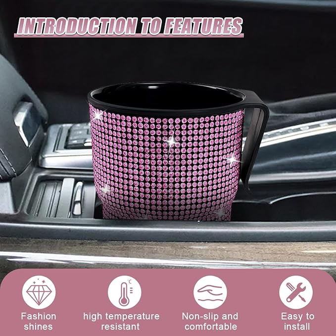 Bling Rhinestones Car Air Vent Trash Can, Hanging Automotive Cup Holder with 2 Hooks, Multi-Function Vehicle Door Organizer Accessories for Key, Pen, Water Bottles, Cellphone(Pink)