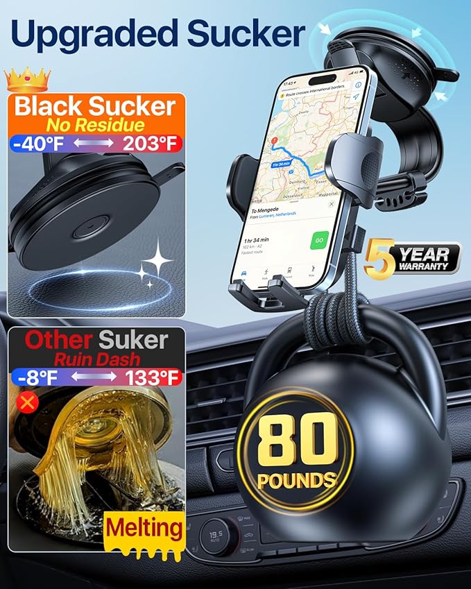 HTU Upgraded Strongest Suction Car Phone Holder Bendable Arm, Never Block View Rotatable Cellphone Mount for Dashboard Windshield Vent, Cradle Stand for iPhone 17 16 15 14 13 12 Pro Max (Rose Purple)