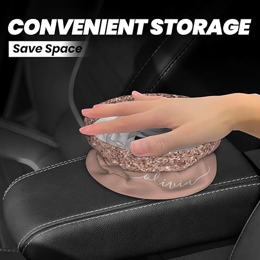 Blush Pink Rose Gold Glitter Car Trash Can Leak Proof Hanging Waterproof Garbage Can Multipurpose Trash Bin for Car SUV Front Seat Headrest Collapsible and Portable Storage Pocket
