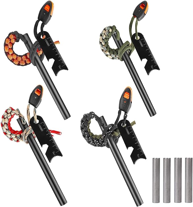4 Pack Ferro Rod Fire Starter Flint Survival Tool Flint and Steel Fire Starter Kit 6-in-1, Portable Ferro Rod Striker with Paracord Handlead for Campfires Survival Emergency Kit