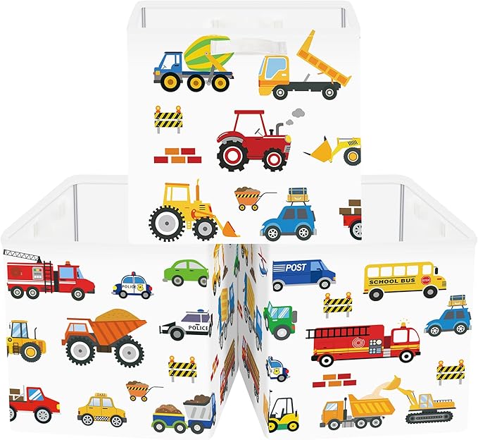 Clastyle Cars Storage Cube Organizer Set Handle Closet Clothes Cube with Metal Frame Foldable Parents Organizer Storage Basket for Book Toy,Cartoon Truck,11.8x11.8x11.8 in
