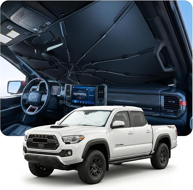 DooGooCoo Windshield Sun Shade Umbrella for Toyota Tacoma Accessories 2016-2025 2026, UV Block Tacoma Sun Shade for Car Windshield, Heat Shield Truck Sunshade for Tacoma Front Windshield Cover.